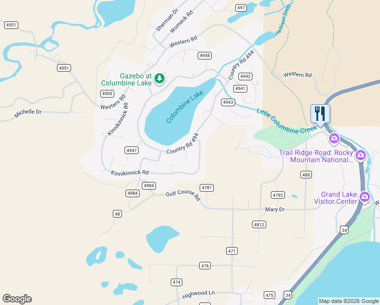 map of restaurants, bars, coffee shops, grocery stores, and more near 941 County Road 4980 in Grand Lake