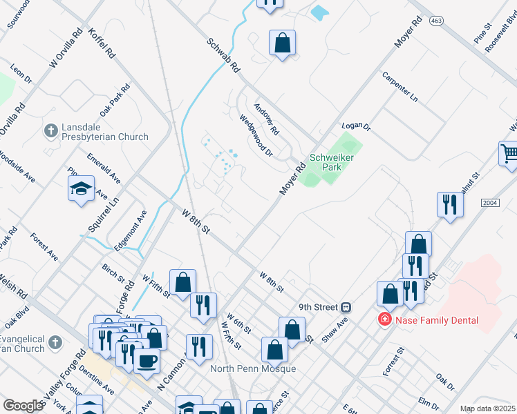 map of restaurants, bars, coffee shops, grocery stores, and more near 910 Moyers Road in Lansdale