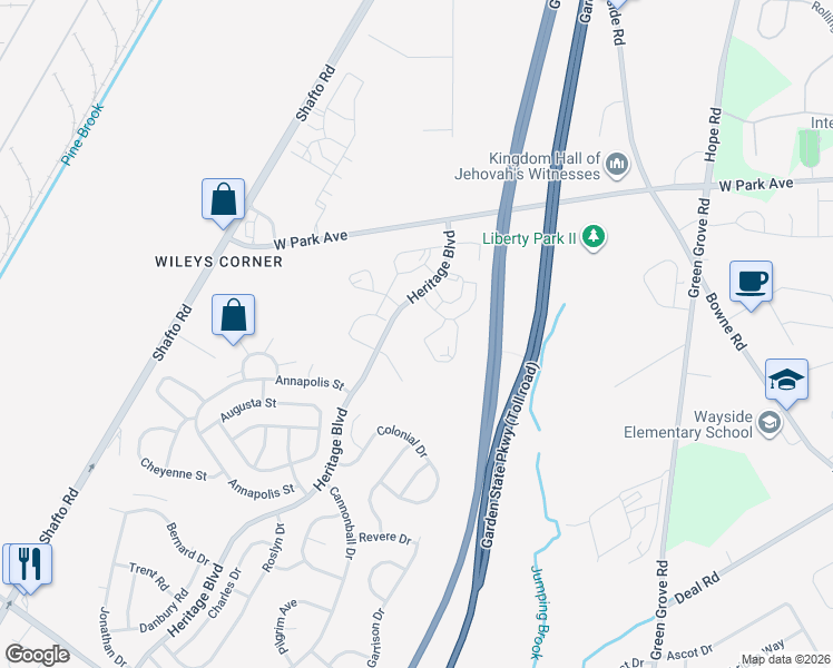 map of restaurants, bars, coffee shops, grocery stores, and more near 1 Montpelier Street in Tinton Falls