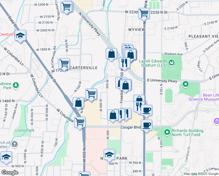 map of restaurants, bars, coffee shops, grocery stores, and more near 1540 North 300 West in Provo
