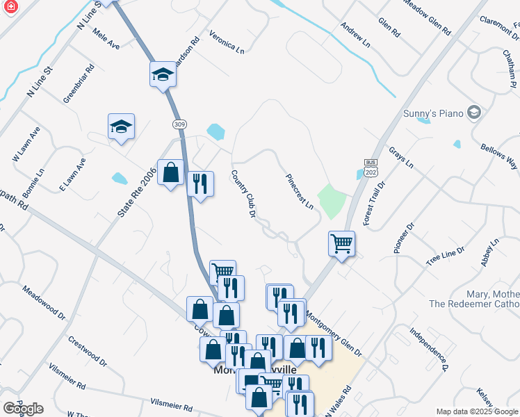 map of restaurants, bars, coffee shops, grocery stores, and more near 323 Country Club Drive in Lansdale