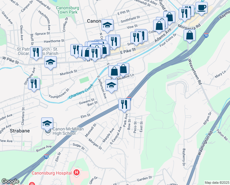 map of restaurants, bars, coffee shops, grocery stores, and more near 230 South Central Avenue in Canonsburg