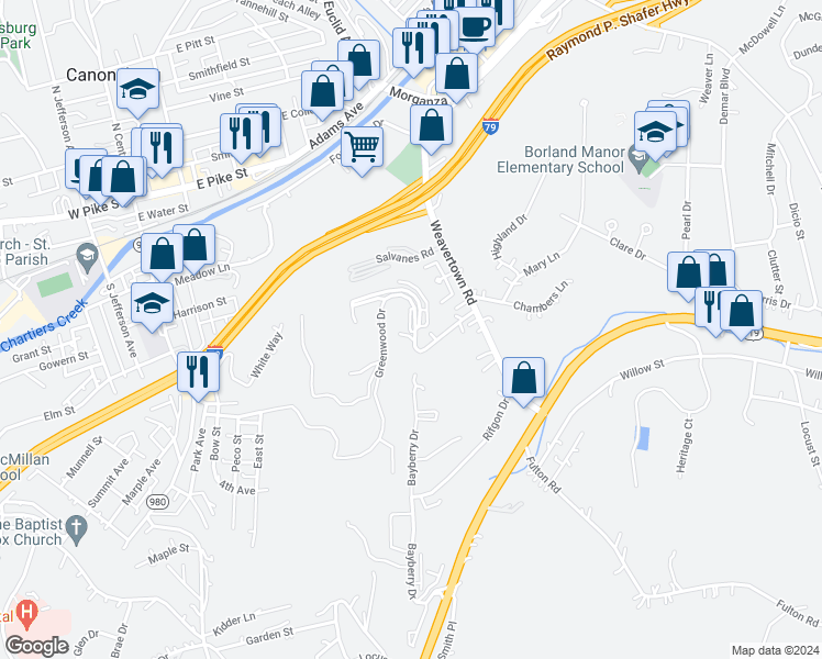 map of restaurants, bars, coffee shops, grocery stores, and more near 214 Greenwood Drive in Canonsburg