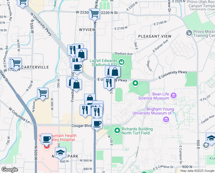 map of restaurants, bars, coffee shops, grocery stores, and more near 1555 North Canyon Road in Provo