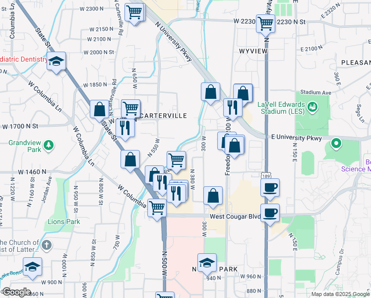 map of restaurants, bars, coffee shops, grocery stores, and more near 425 West 1720 North in Provo