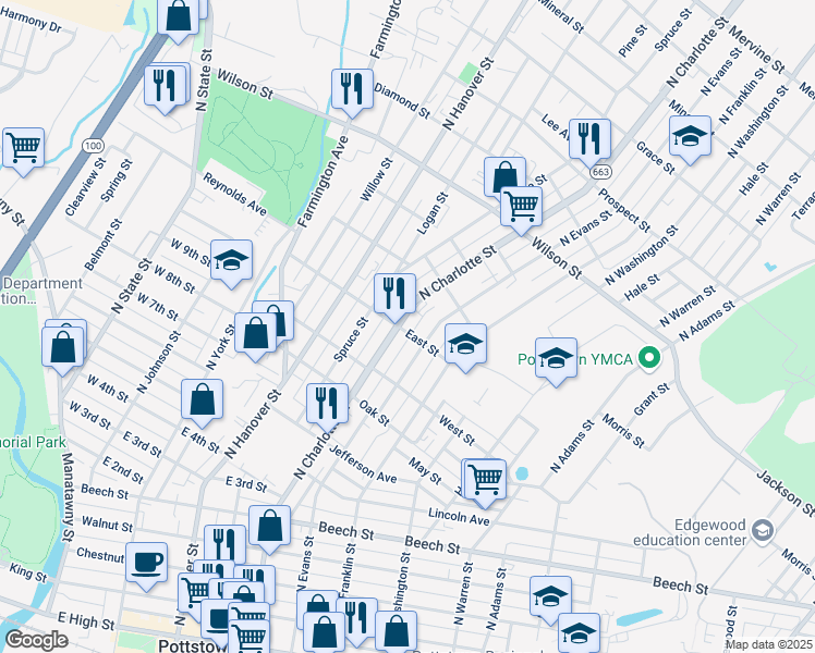 map of restaurants, bars, coffee shops, grocery stores, and more near 611 North Charlotte Street in Pottstown