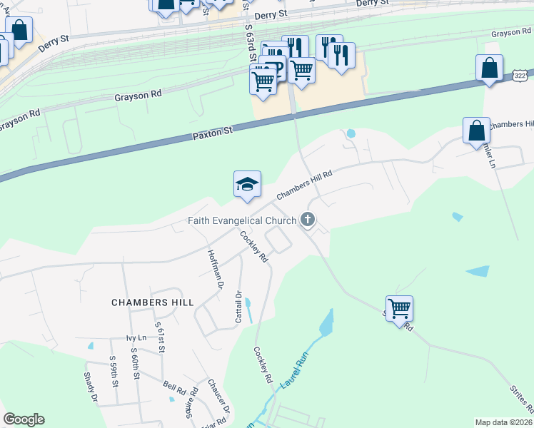 map of restaurants, bars, coffee shops, grocery stores, and more near 6450 Chambers Hill Road in Harrisburg