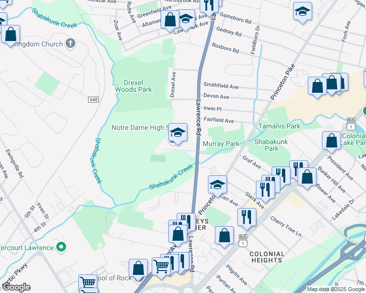 map of restaurants, bars, coffee shops, grocery stores, and more near 601 Lawrenceville Road in Lawrence Township