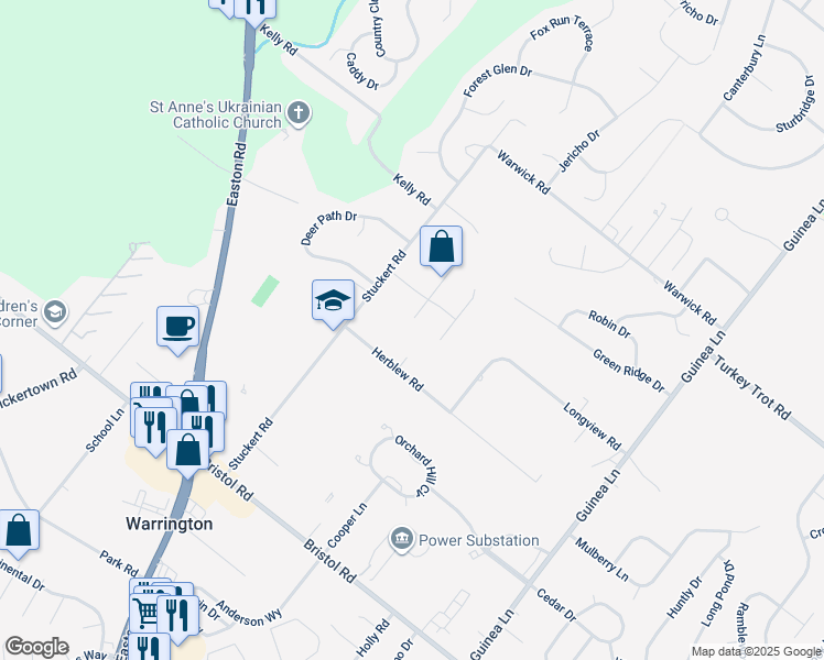 map of restaurants, bars, coffee shops, grocery stores, and more near 1515 West Cobblestone Circle in Warrington