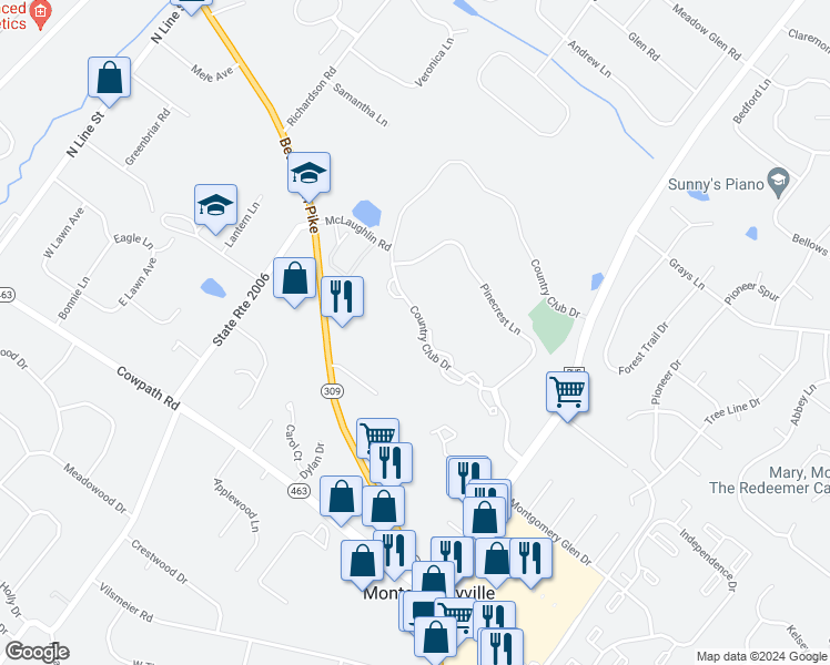 map of restaurants, bars, coffee shops, grocery stores, and more near 318 Country Club Drive in Lansdale