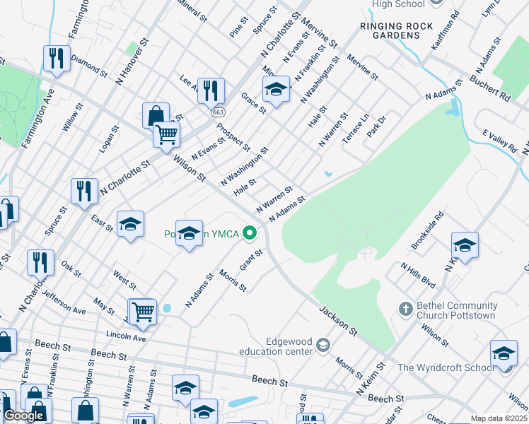 map of restaurants, bars, coffee shops, grocery stores, and more near 592 Kenneth Avenue in Pottstown