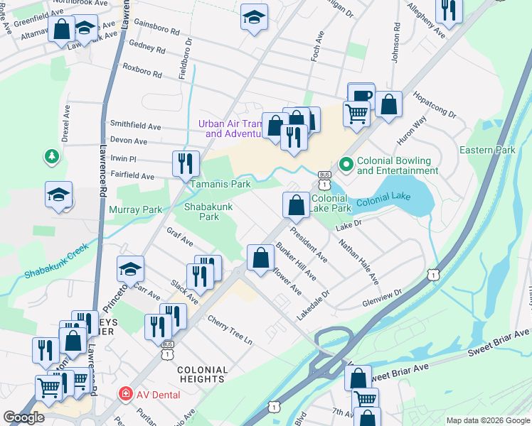 map of restaurants, bars, coffee shops, grocery stores, and more near 818 President Avenue in Lawrence Township