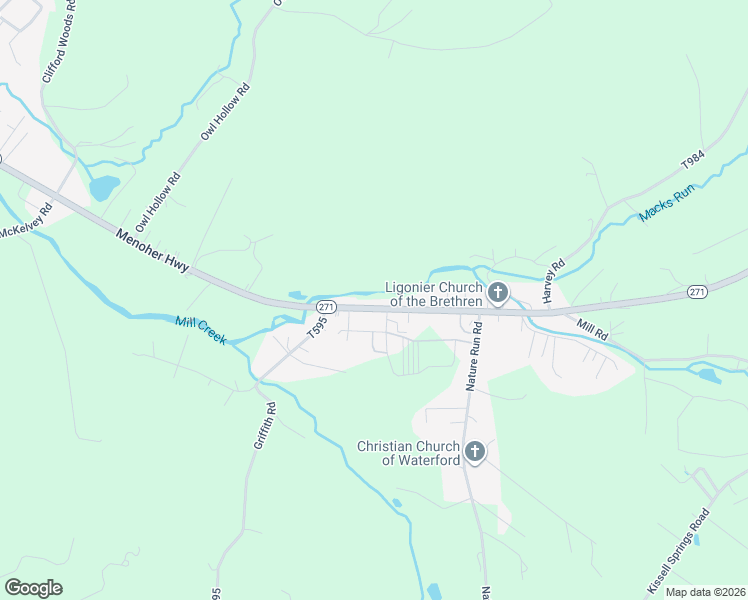 map of restaurants, bars, coffee shops, grocery stores, and more near 341 Pennsylvania 271 in Ligonier