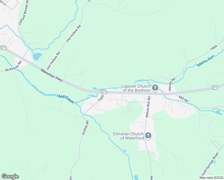 map of restaurants, bars, coffee shops, grocery stores, and more near 341 Pennsylvania 271 in Ligonier