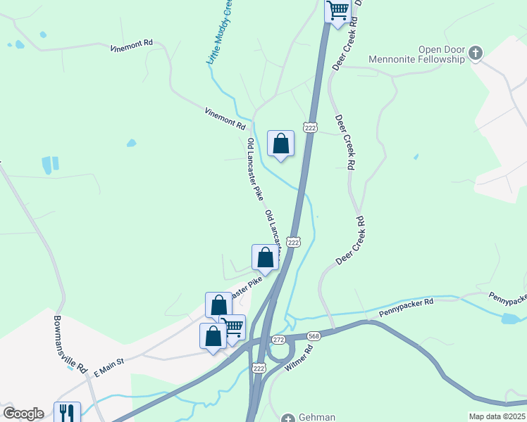 map of restaurants, bars, coffee shops, grocery stores, and more near 2115 Old Lancaster Pike in Reinholds