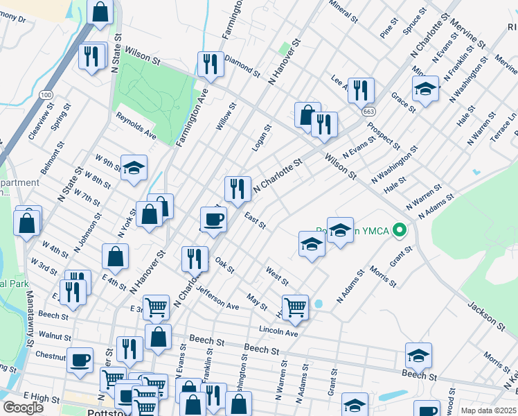 map of restaurants, bars, coffee shops, grocery stores, and more near 617 North Evans Street in Pottstown
