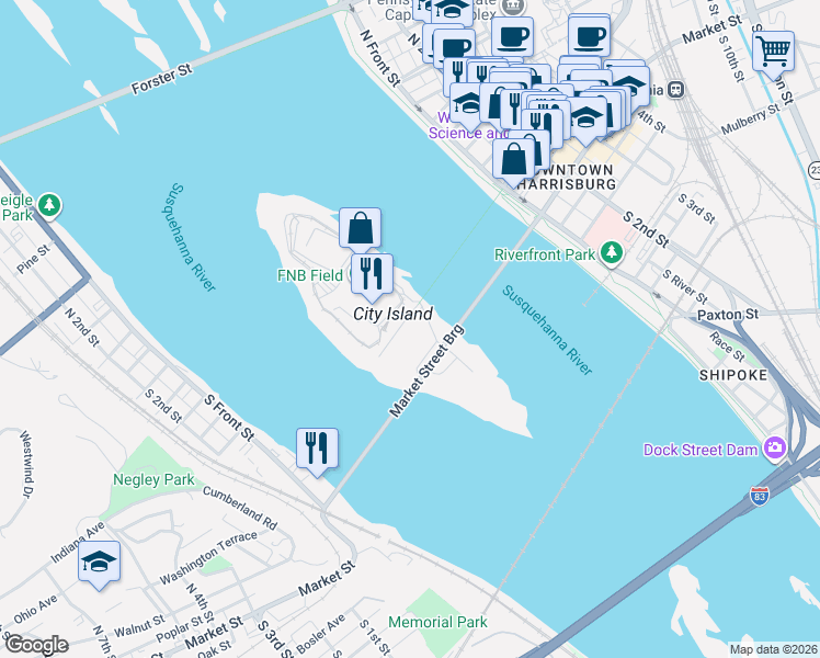 map of restaurants, bars, coffee shops, grocery stores, and more near 25 Station Road in Harrisburg