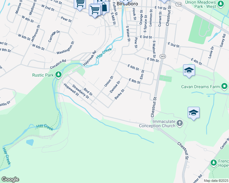 map of restaurants, bars, coffee shops, grocery stores, and more near 913 Denise Drive in Birdsboro