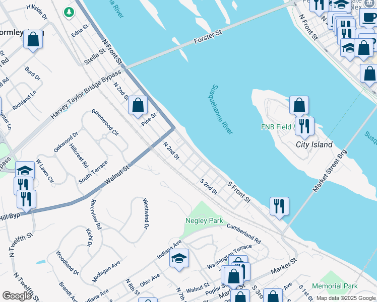 map of restaurants, bars, coffee shops, grocery stores, and more near 8 North Front Street in Wormleysburg