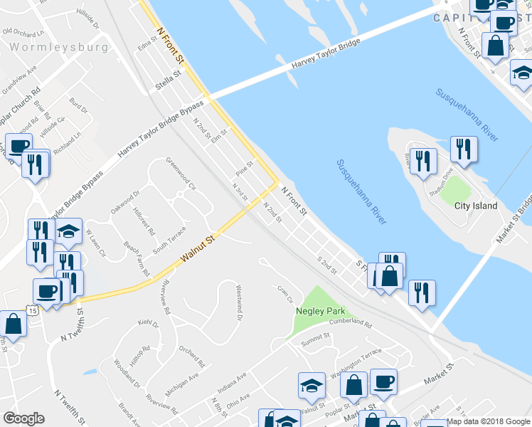 map of restaurants, bars, coffee shops, grocery stores, and more near 110 North 2nd Street in Lemoyne