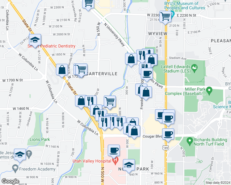 map of restaurants, bars, coffee shops, grocery stores, and more near 425 West 1720 North in Provo
