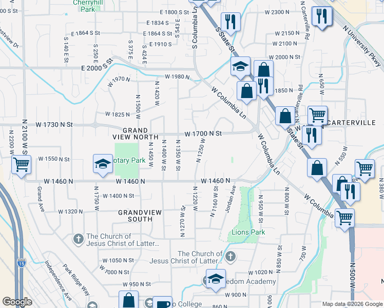 map of restaurants, bars, coffee shops, grocery stores, and more near 1275 West 1600 North Street in Provo