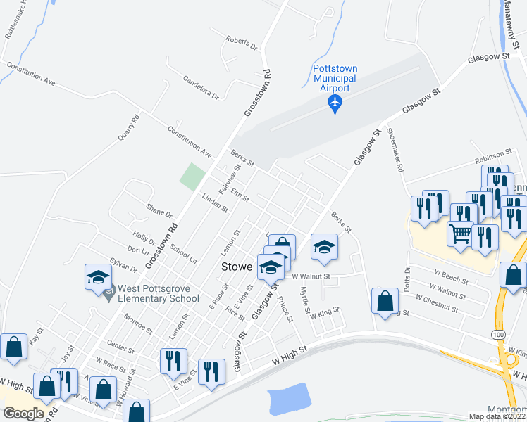map of restaurants, bars, coffee shops, grocery stores, and more near 251 Elm Street in Stowe