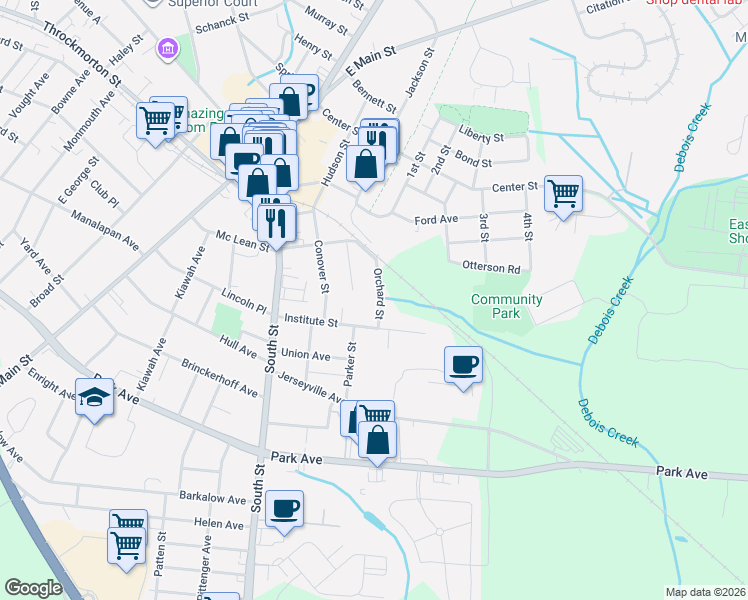 map of restaurants, bars, coffee shops, grocery stores, and more near 77 Orchard Street in Freehold