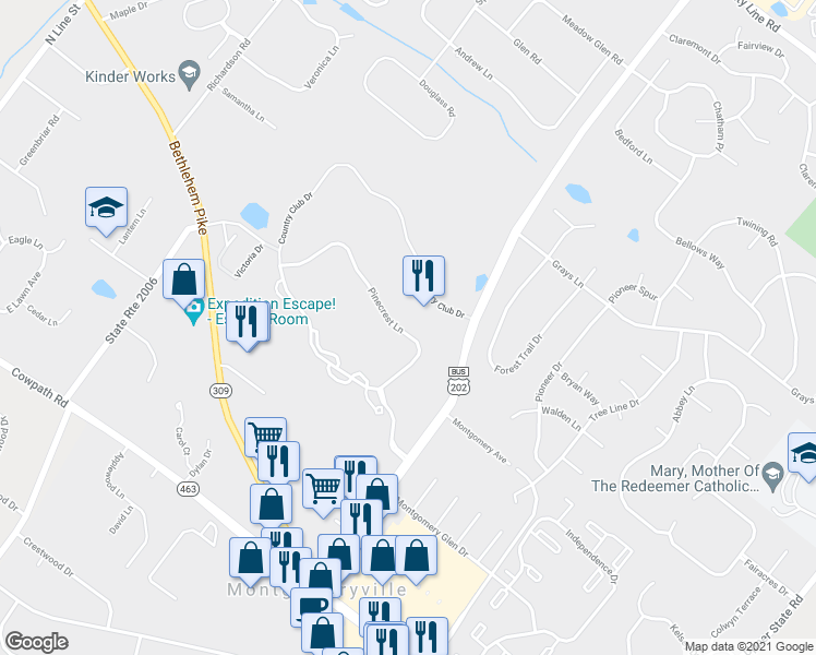 map of restaurants, bars, coffee shops, grocery stores, and more near 138 Pinecrest Lane in Lansdale