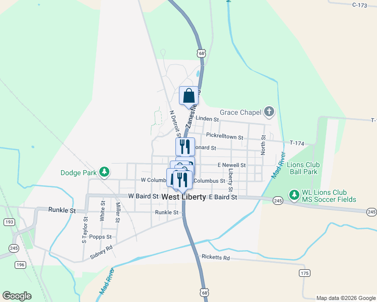 map of restaurants, bars, coffee shops, grocery stores, and more near 319 North Detroit Street in West Liberty