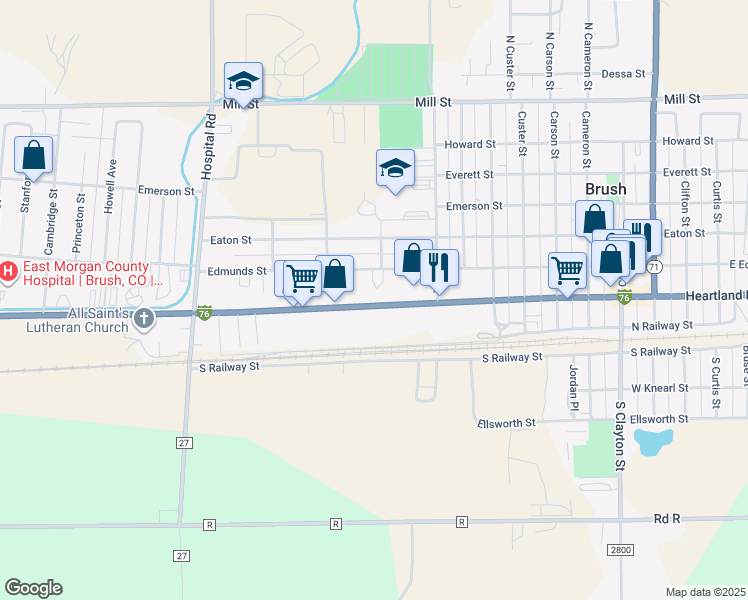 map of restaurants, bars, coffee shops, grocery stores, and more near 1117 Edison Street in Brush