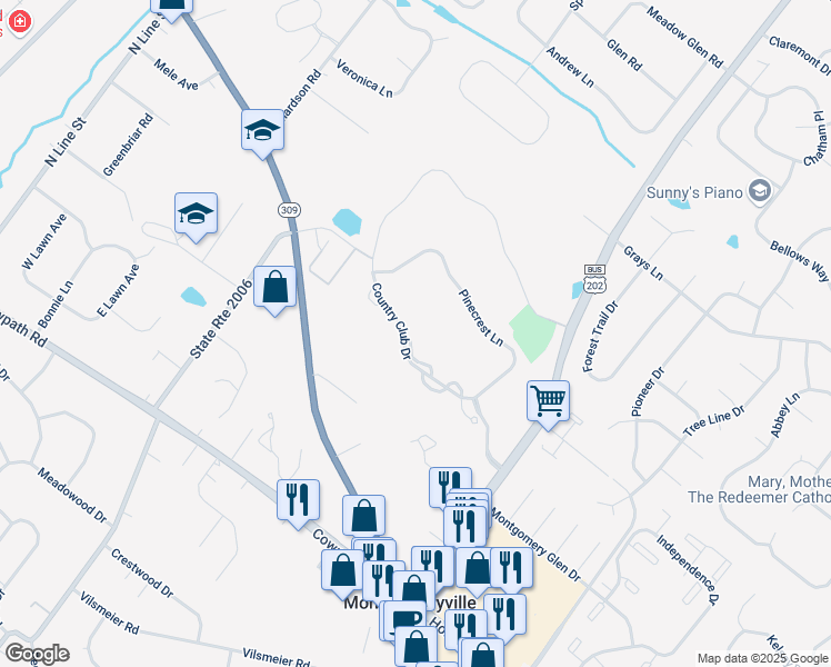map of restaurants, bars, coffee shops, grocery stores, and more near 323 Country Club Drive in Lansdale