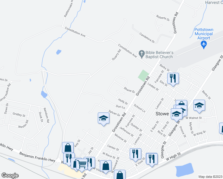 map of restaurants, bars, coffee shops, grocery stores, and more near 719 Holly Drive in Stowe