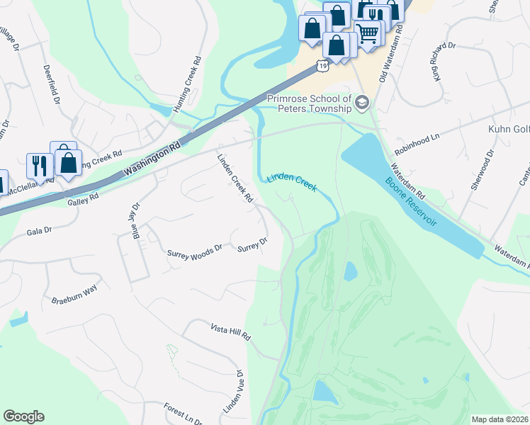 map of restaurants, bars, coffee shops, grocery stores, and more near 232 Surrey Drive in Canonsburg