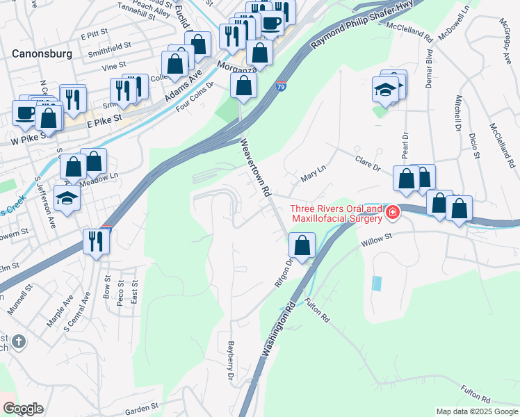 map of restaurants, bars, coffee shops, grocery stores, and more near 110 Greenwood Drive in Canonsburg