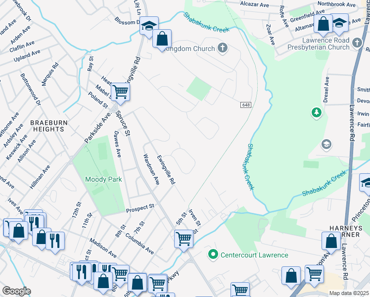 map of restaurants, bars, coffee shops, grocery stores, and more near 54 Shelburne Drive in Ewing Township