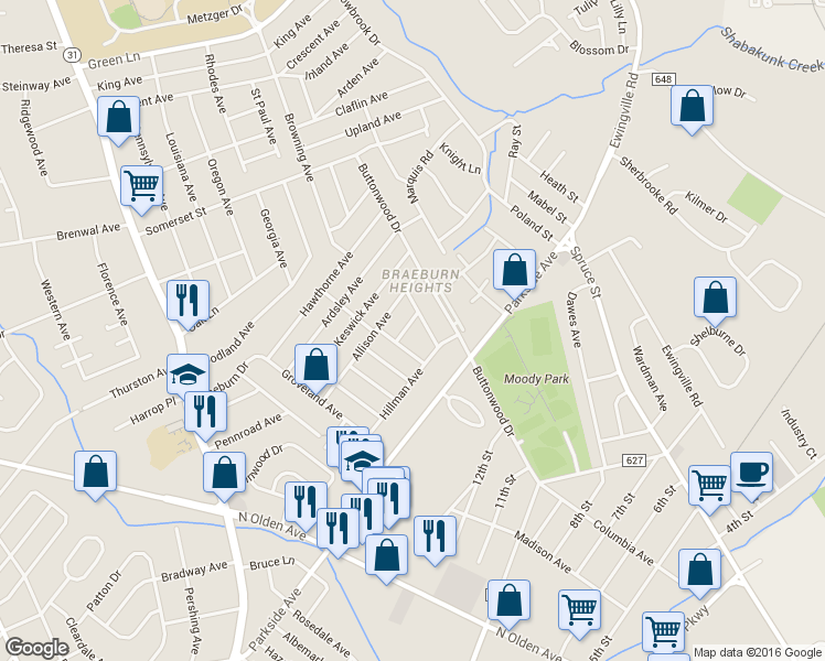 map of restaurants, bars, coffee shops, grocery stores, and more near 12 Auburn Avenue in Trenton
