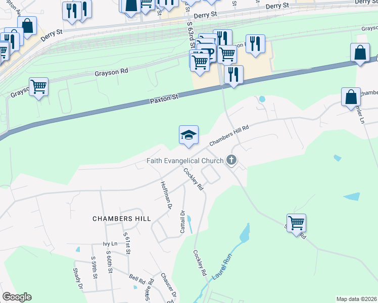 map of restaurants, bars, coffee shops, grocery stores, and more near 6450 Chambers Hill Road in Harrisburg