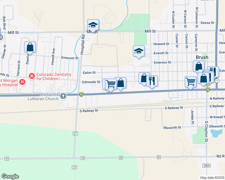 map of restaurants, bars, coffee shops, grocery stores, and more near 1315 Edison Street in Brush