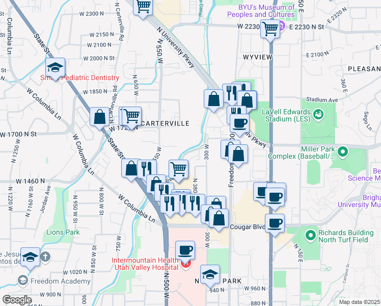map of restaurants, bars, coffee shops, grocery stores, and more near 425 West 1720 North in Provo