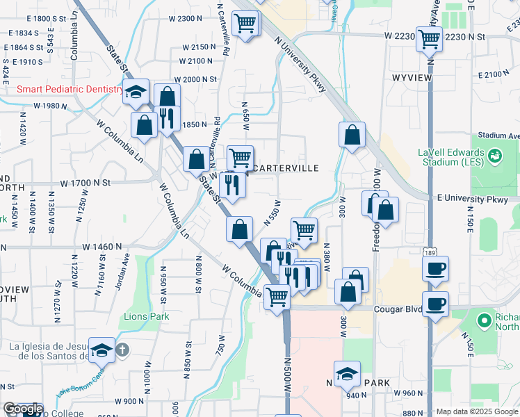 map of restaurants, bars, coffee shops, grocery stores, and more near 1541 Riverside Avenue in Provo