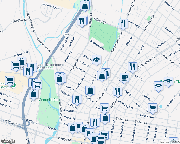 map of restaurants, bars, coffee shops, grocery stores, and more near 440 North Johnson Street in Pottstown