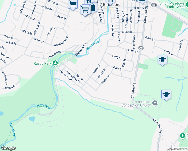 map of restaurants, bars, coffee shops, grocery stores, and more near 925 Union Street in Birdsboro