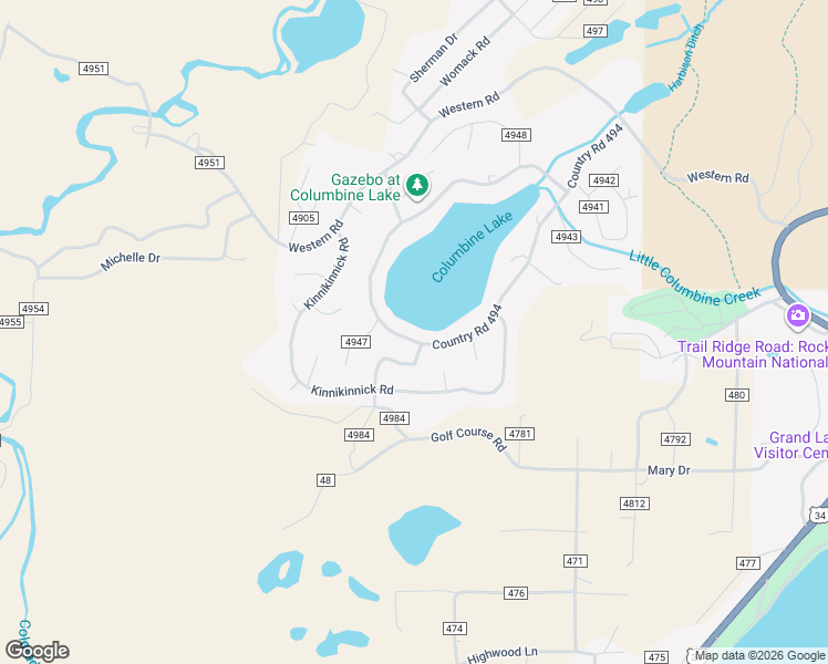 map of restaurants, bars, coffee shops, grocery stores, and more near 677 Kinnikinnick Rd in Grand Lake