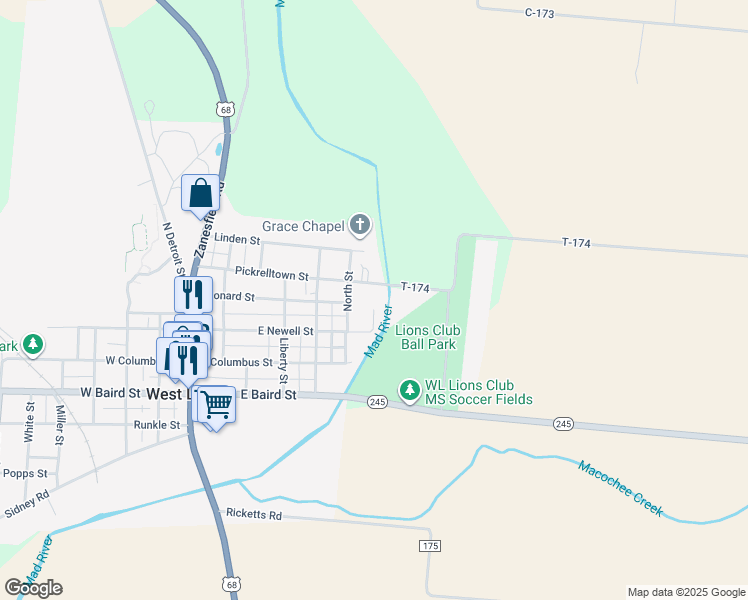 map of restaurants, bars, coffee shops, grocery stores, and more near 584-598 Pickrelltown Street in West Liberty