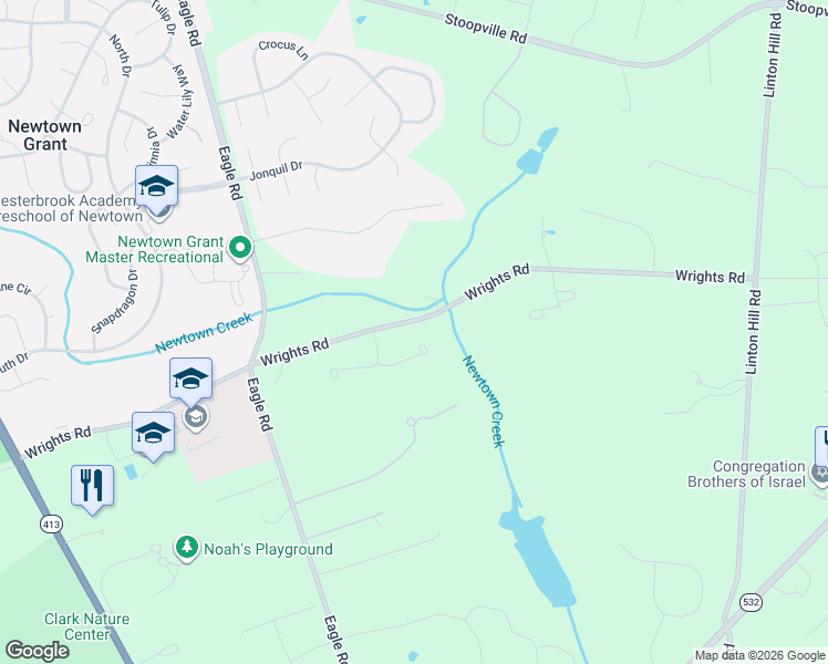 map of restaurants, bars, coffee shops, grocery stores, and more near 102 East Saint Andrews Place in Newtown