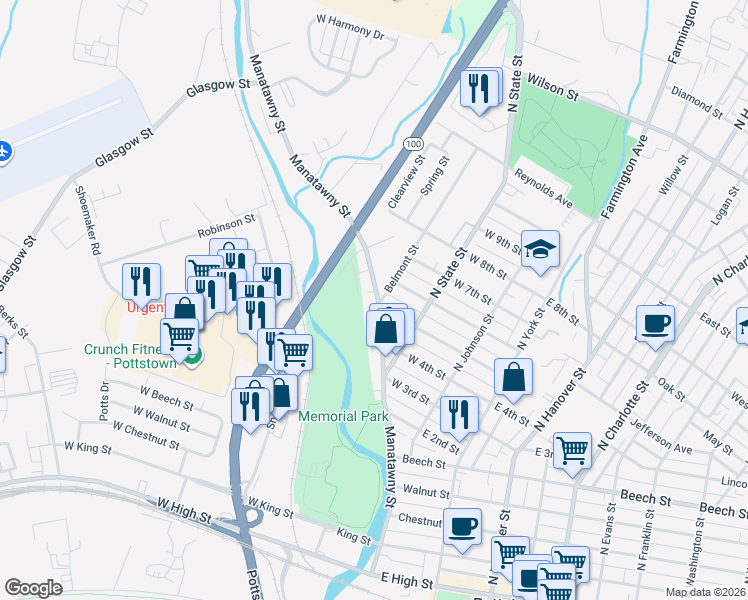 map of restaurants, bars, coffee shops, grocery stores, and more near 403 Manatawny Street in Pottstown