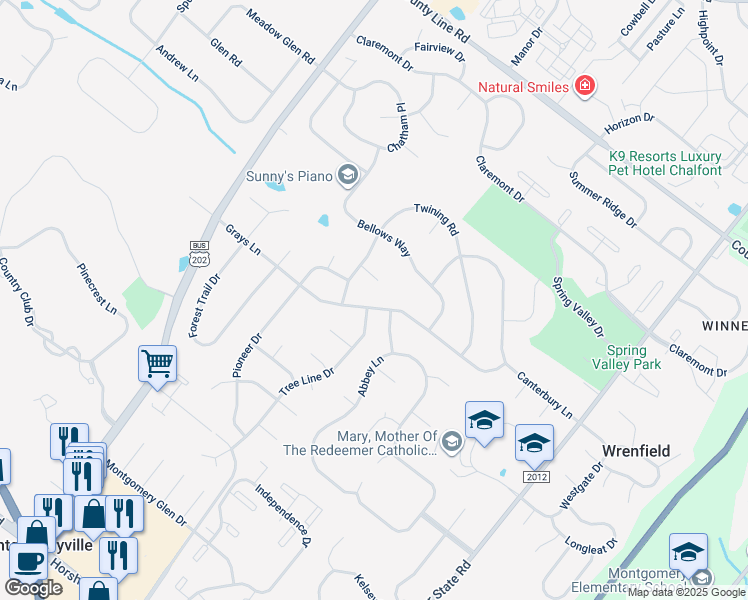 map of restaurants, bars, coffee shops, grocery stores, and more near 219 Grays Lane in Lansdale