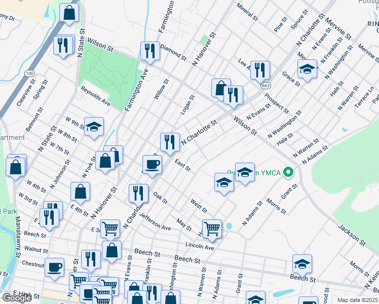 map of restaurants, bars, coffee shops, grocery stores, and more near 625 North Evans Street in Pottstown