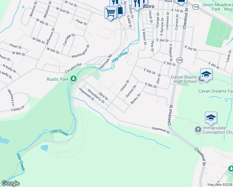 map of restaurants, bars, coffee shops, grocery stores, and more near 216 Hampton Drive in Birdsboro